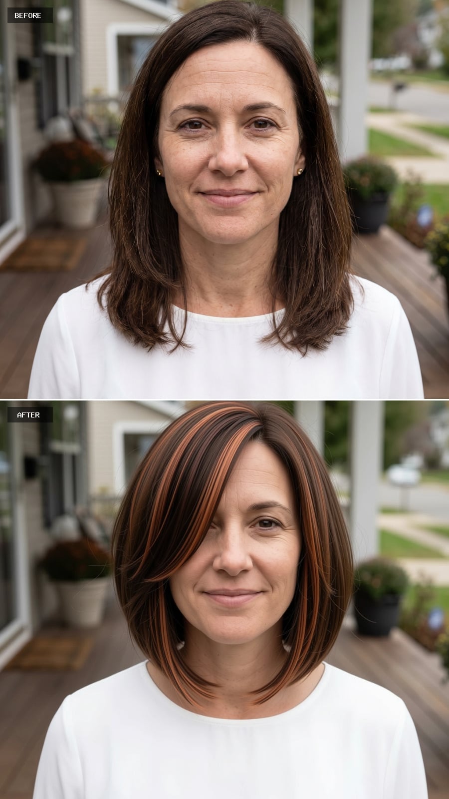 Dark brunette asymmetrical bob with bold copper highlights
