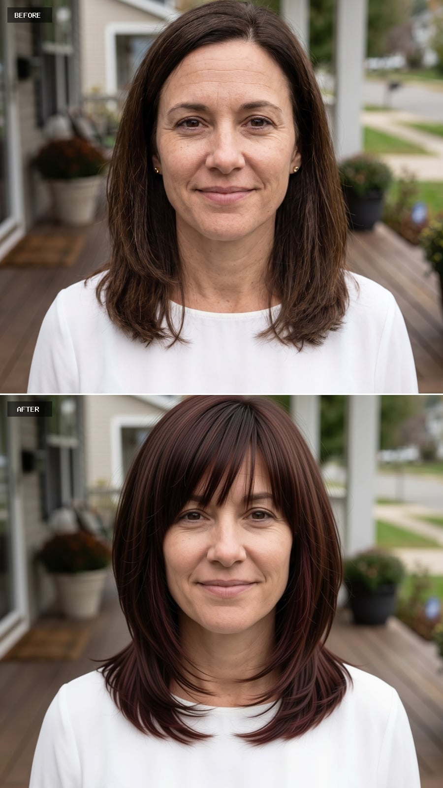 Shoulder-length burgundy brunette hair with curtain bangs
