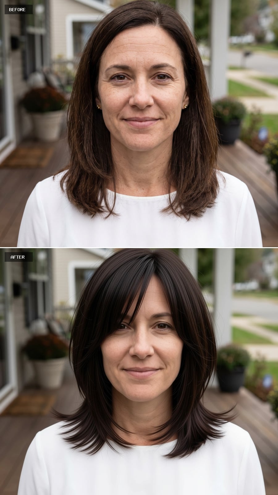 Dark brunette shoulder-length hair with center-parted curtain bangs