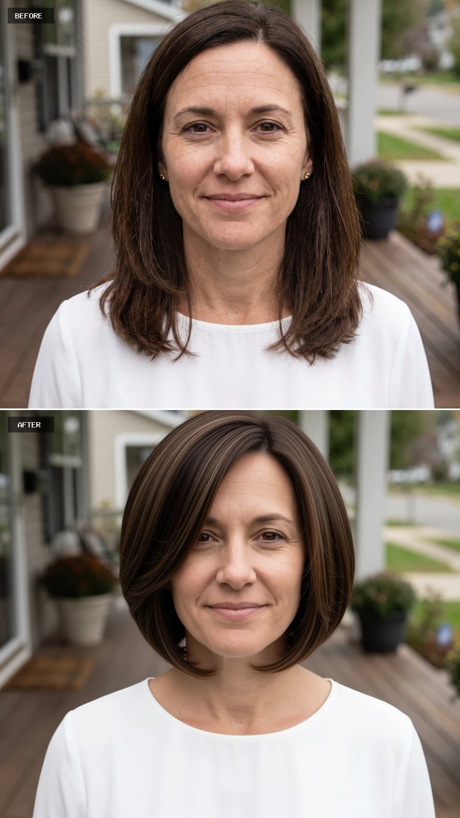 Chin-length dark brunette bob with deep side sweep and fine caramel highlights