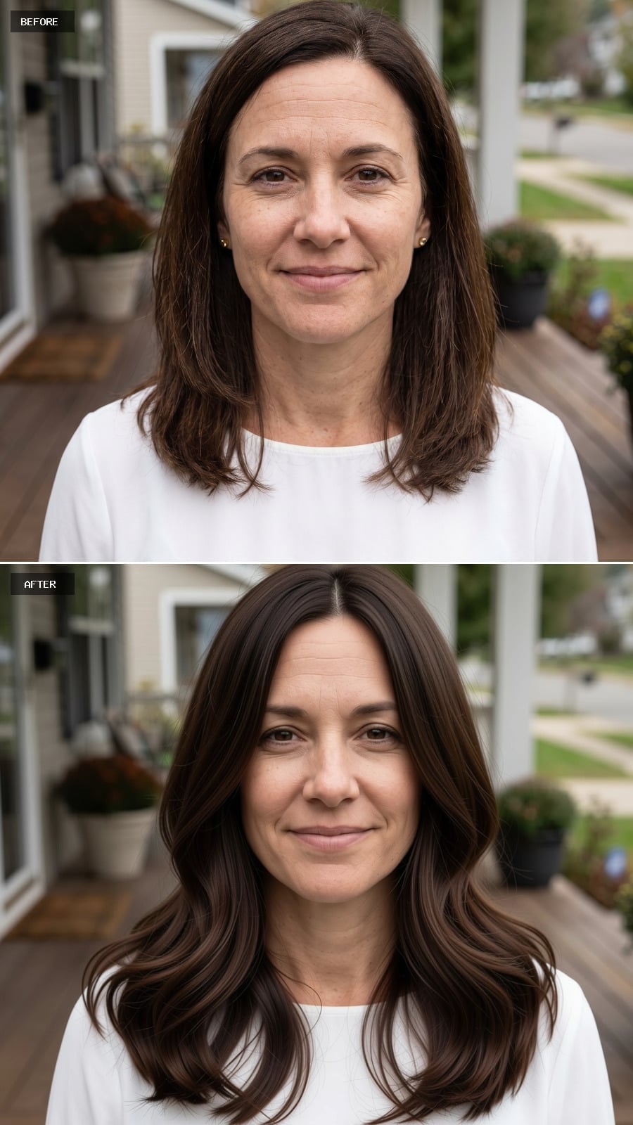 Long dark brunette hair with voluminous center-parted waves