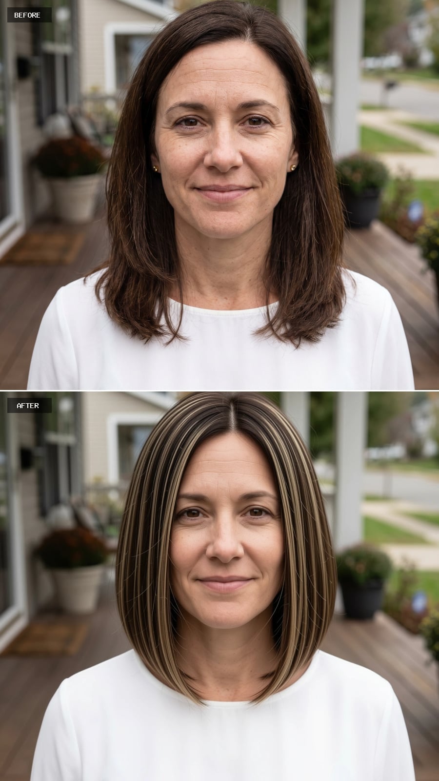 Dark brunette blunt bob with bold cool blonde ribbon highlights