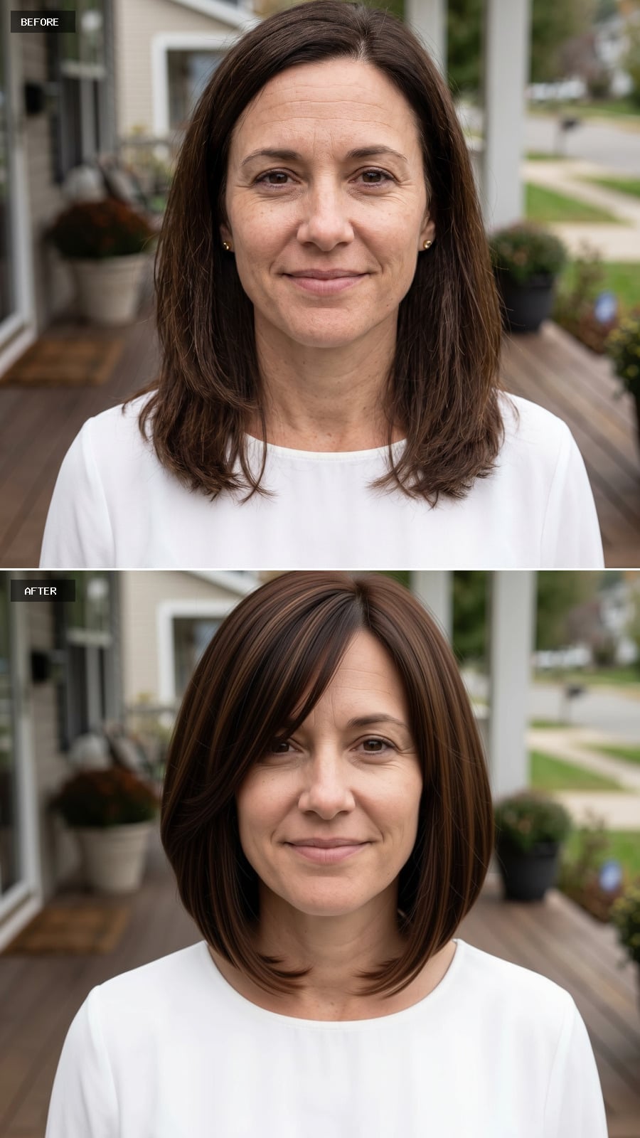 Chin-length brunette bob with warm highlights concentrated through the crown