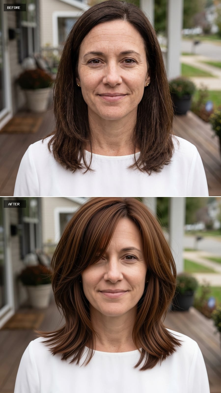 Layered warm brown hair with side-swept bangs and fuller-looking ends