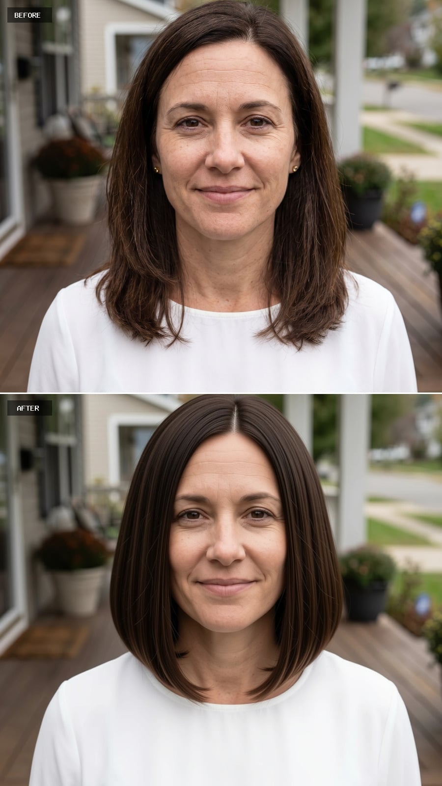 Sleek espresso brunette bob with center part and blunt ends