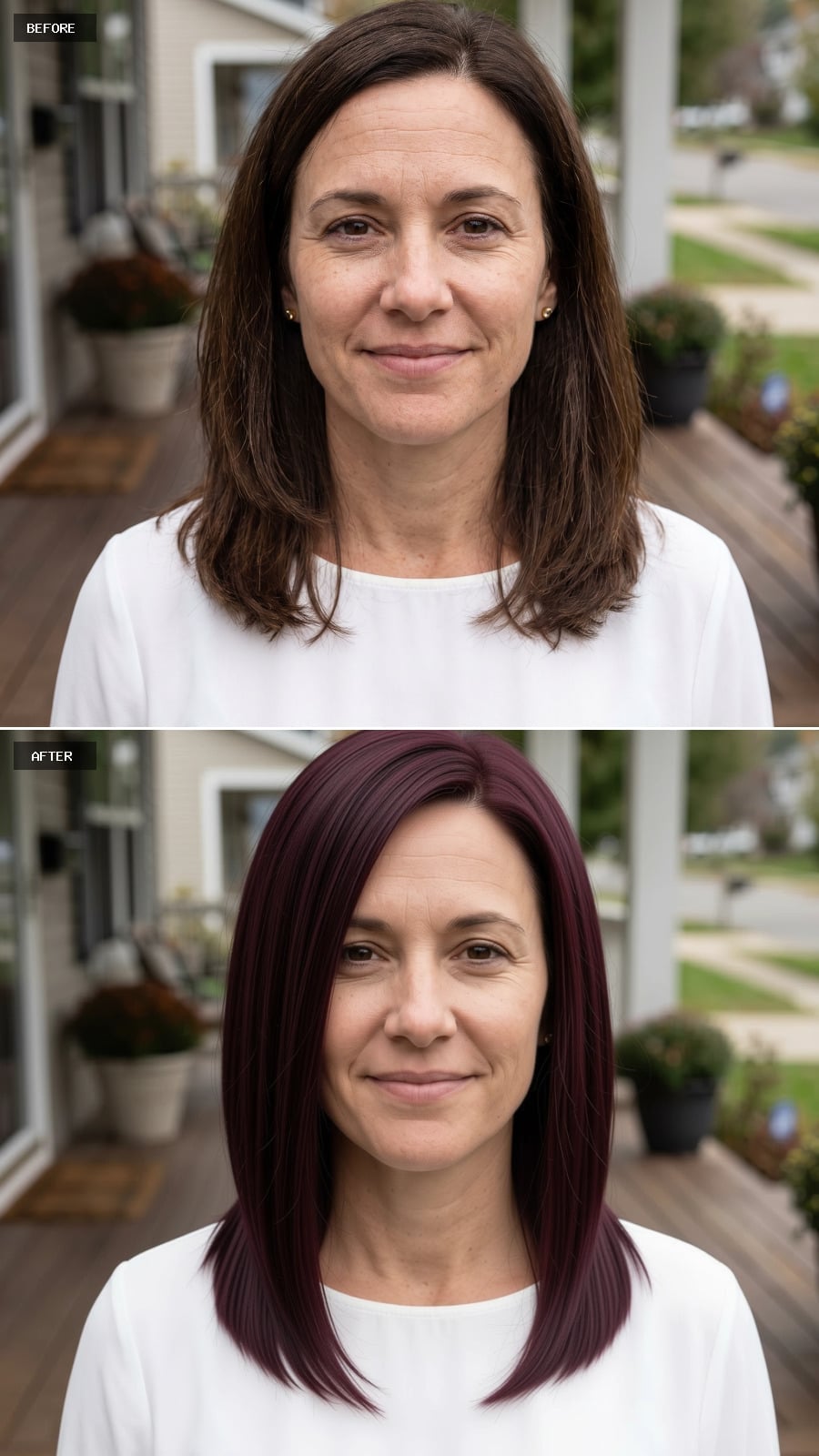 Sleek shoulder-length mulberry lob with center part