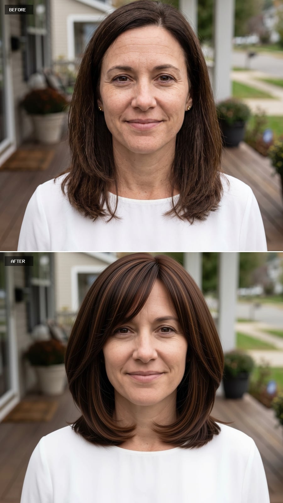 Rounded brunette lob with side-swept bangs and chocolate chestnut highlights