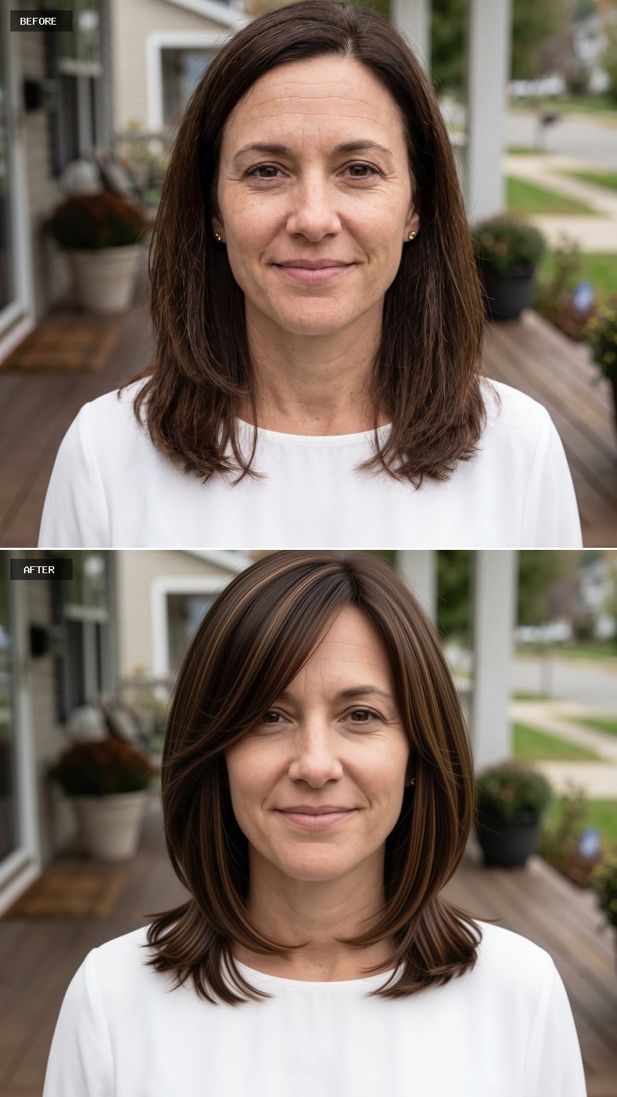 Shoulder-grazing brunette lob with side-swept bangs and warm highlights