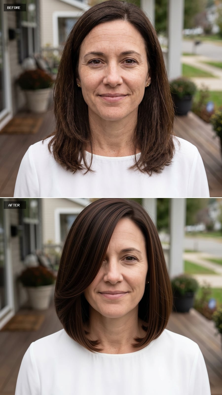 Side-swept brunette bob with fine caramel highlights