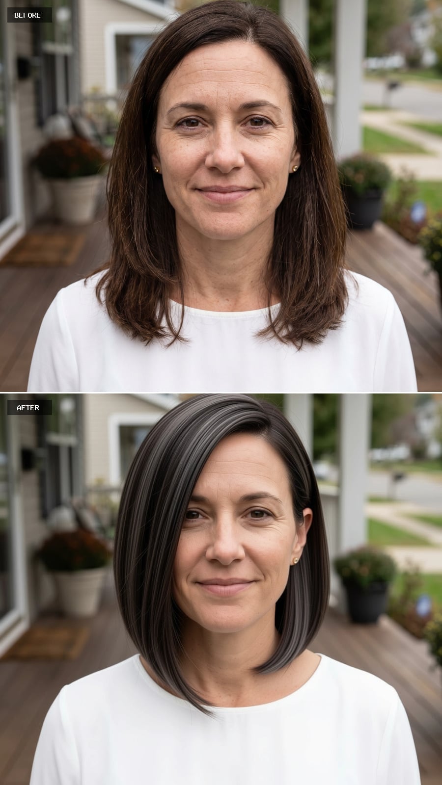Sleek chin-length brunette bob with visible gray streaks