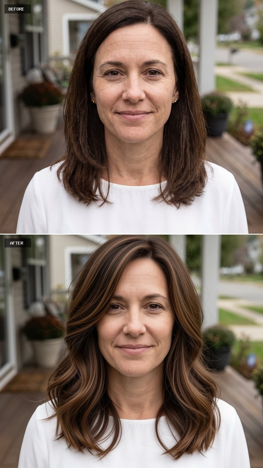 Shoulder-length brunette waves with caramel and chestnut highlights