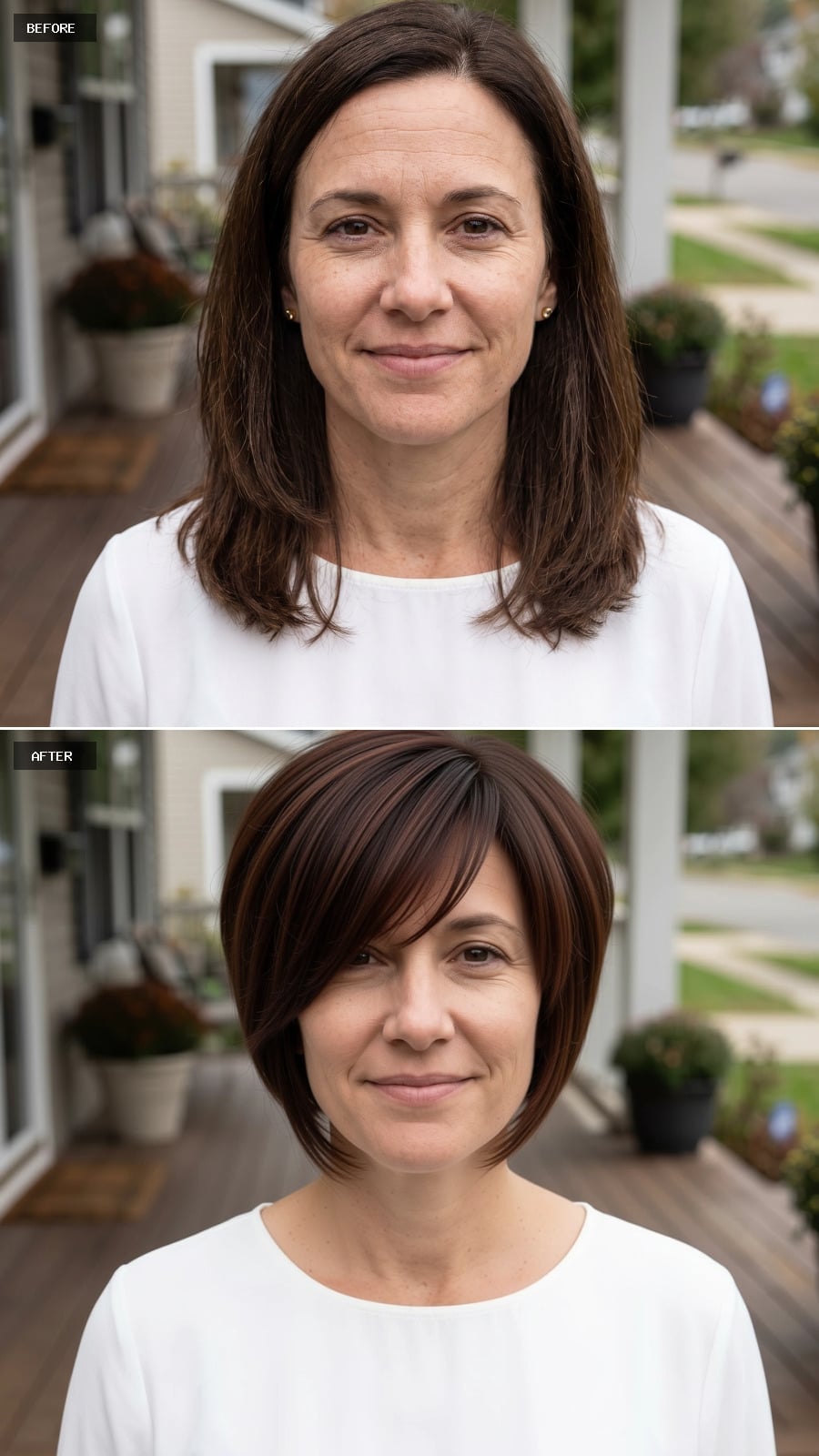 Stacked brunette bob with burgundy tones and side-swept bangs