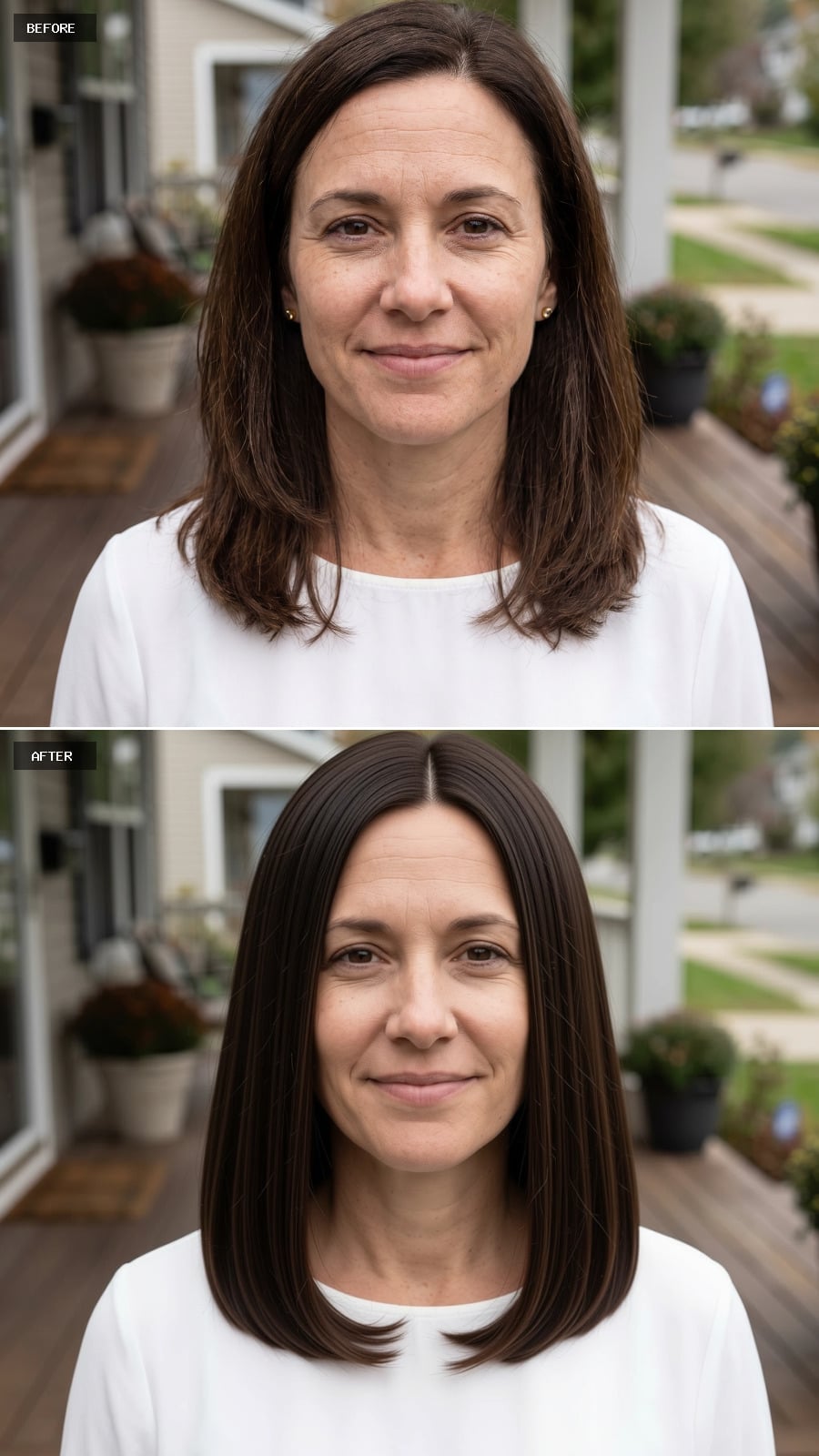 Straight shoulder-length espresso brunette hair with center part