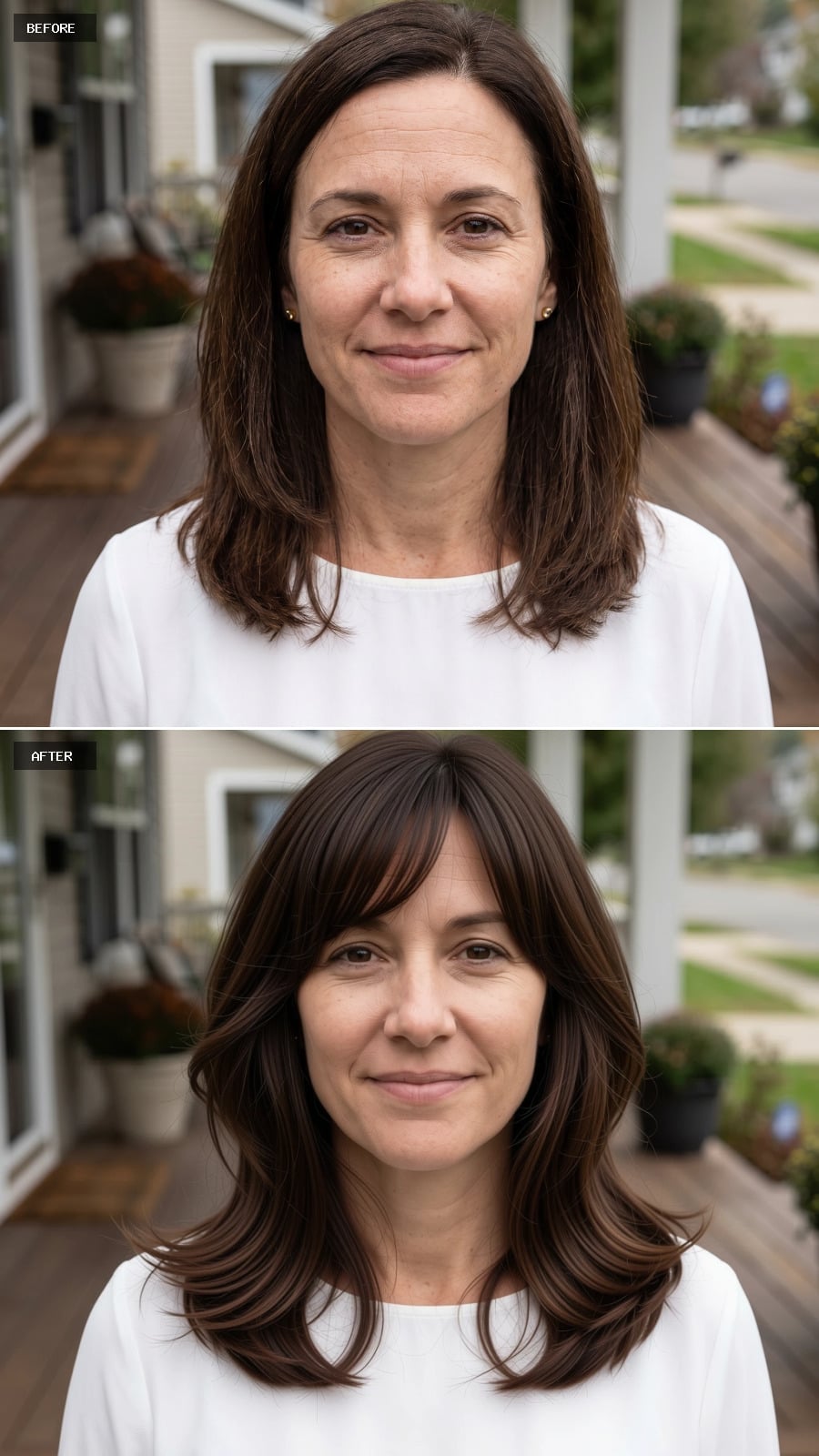 Dark brunette layered hair with deep side-swept bangs and flipped ends