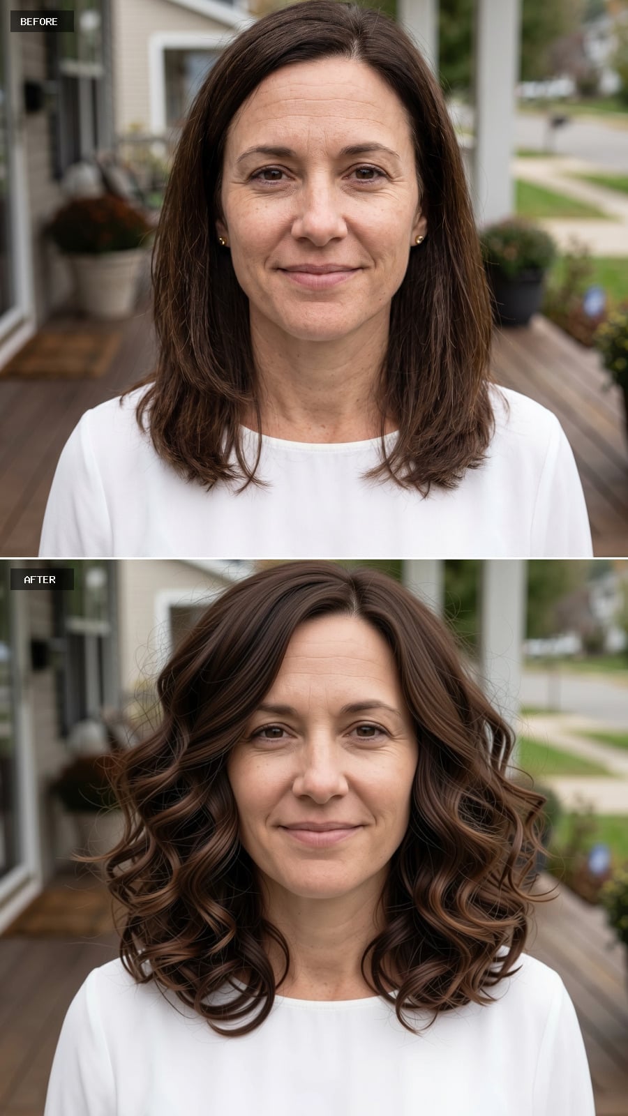 Voluminous shoulder-length brunette curls