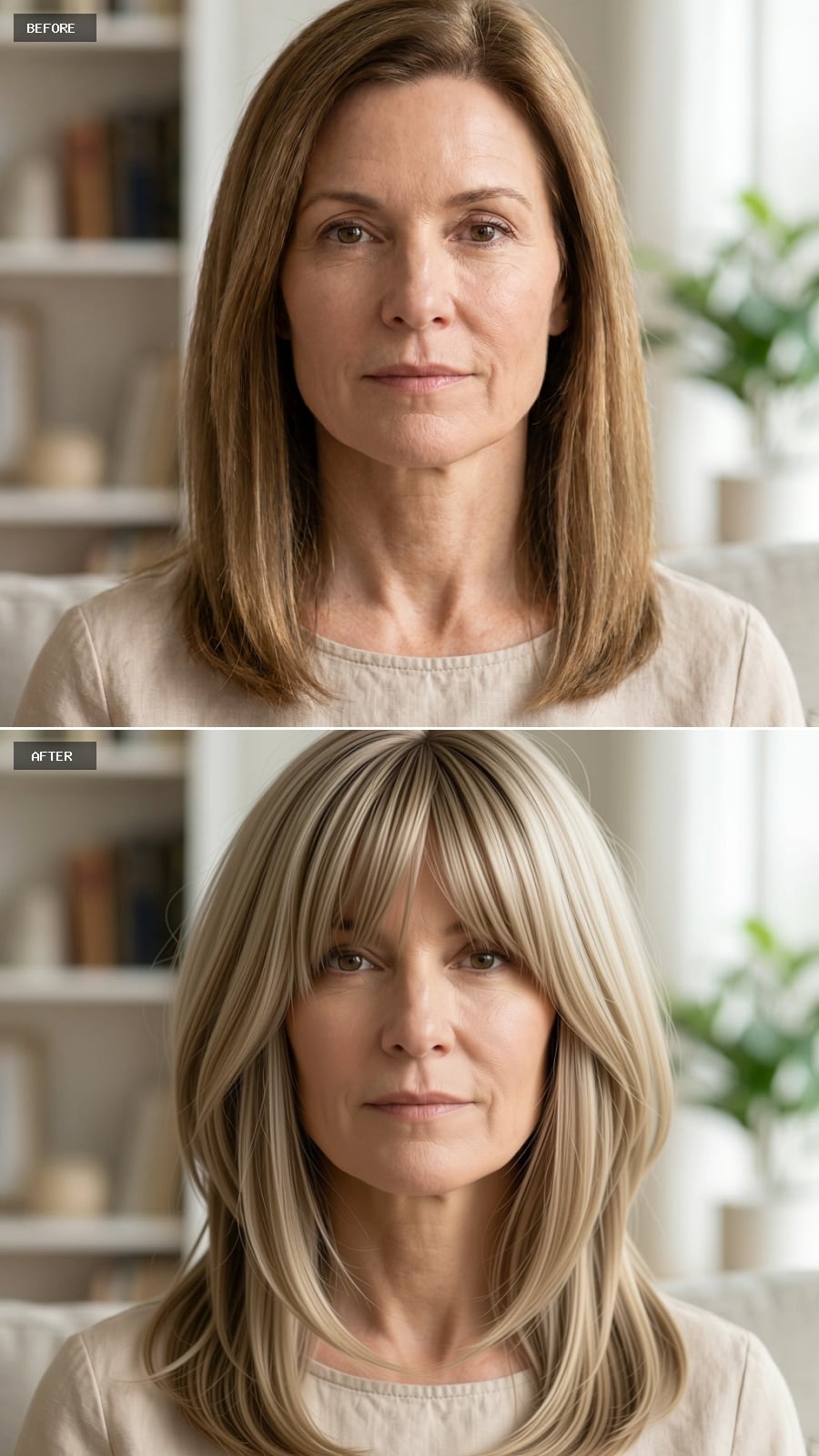 Blonde Layers With Bangs Do Something Specific to a Soft Jawline at 54