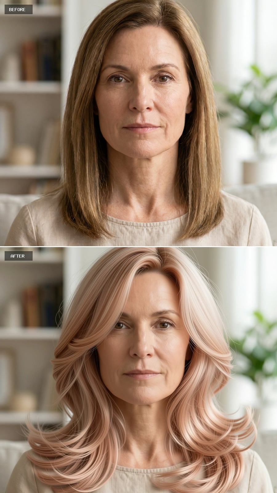 Blush-Toned Layers Swept Wide Reframe Where the Jaw Reads at 54