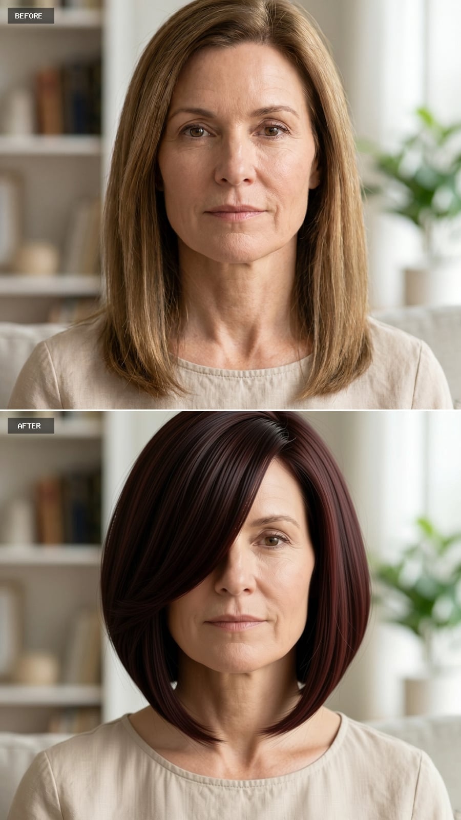 Dark Burgundy Bob With a Side-Swept Bang Pulls the Eye Away From the Jaw