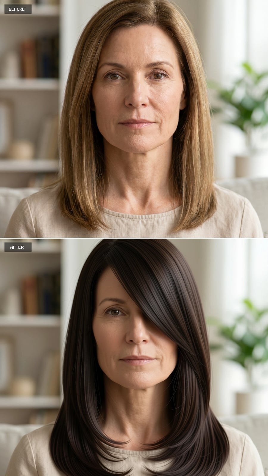 Dark Chocolate Color Through Long Layers Reshapes a Jawline at 54