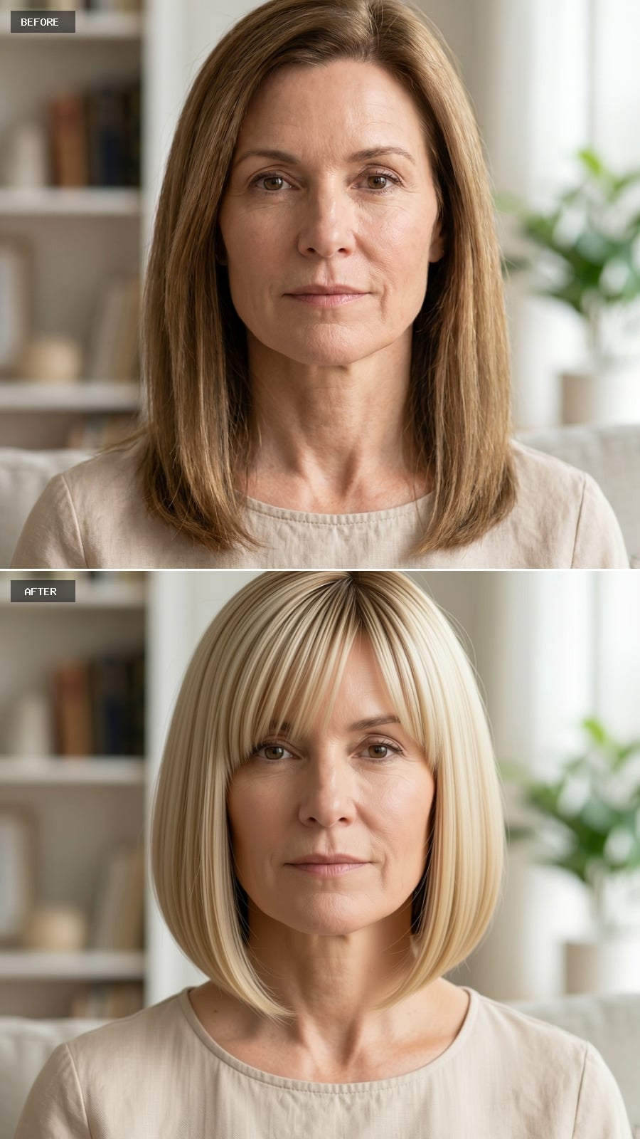 Fringe Swept Across the Forehead Does Something Quiet to a Jawline at 54