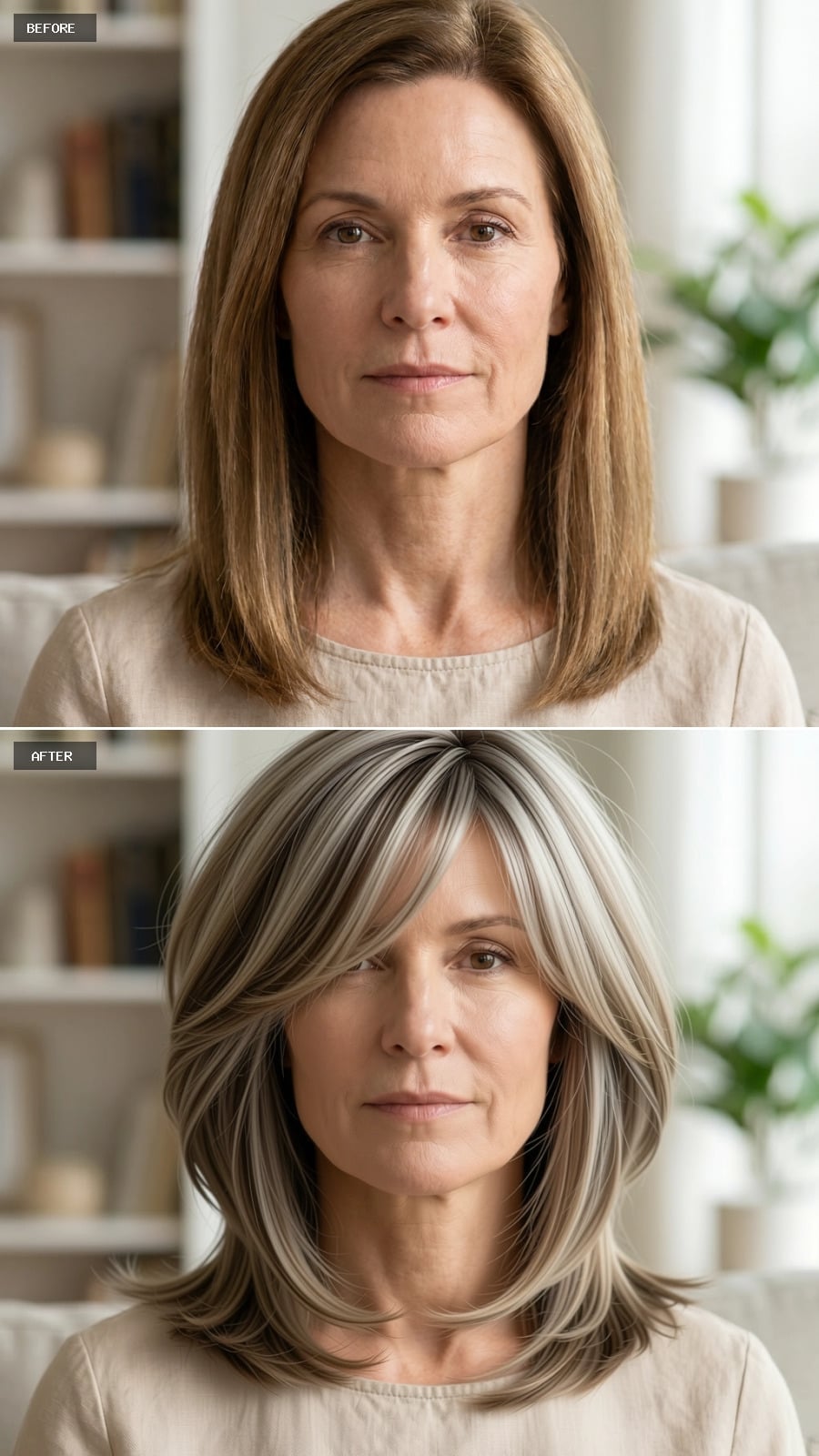 Gray-Blonde Layers Swept Wide Across the Face Soften the Jaw Without Asking Permission