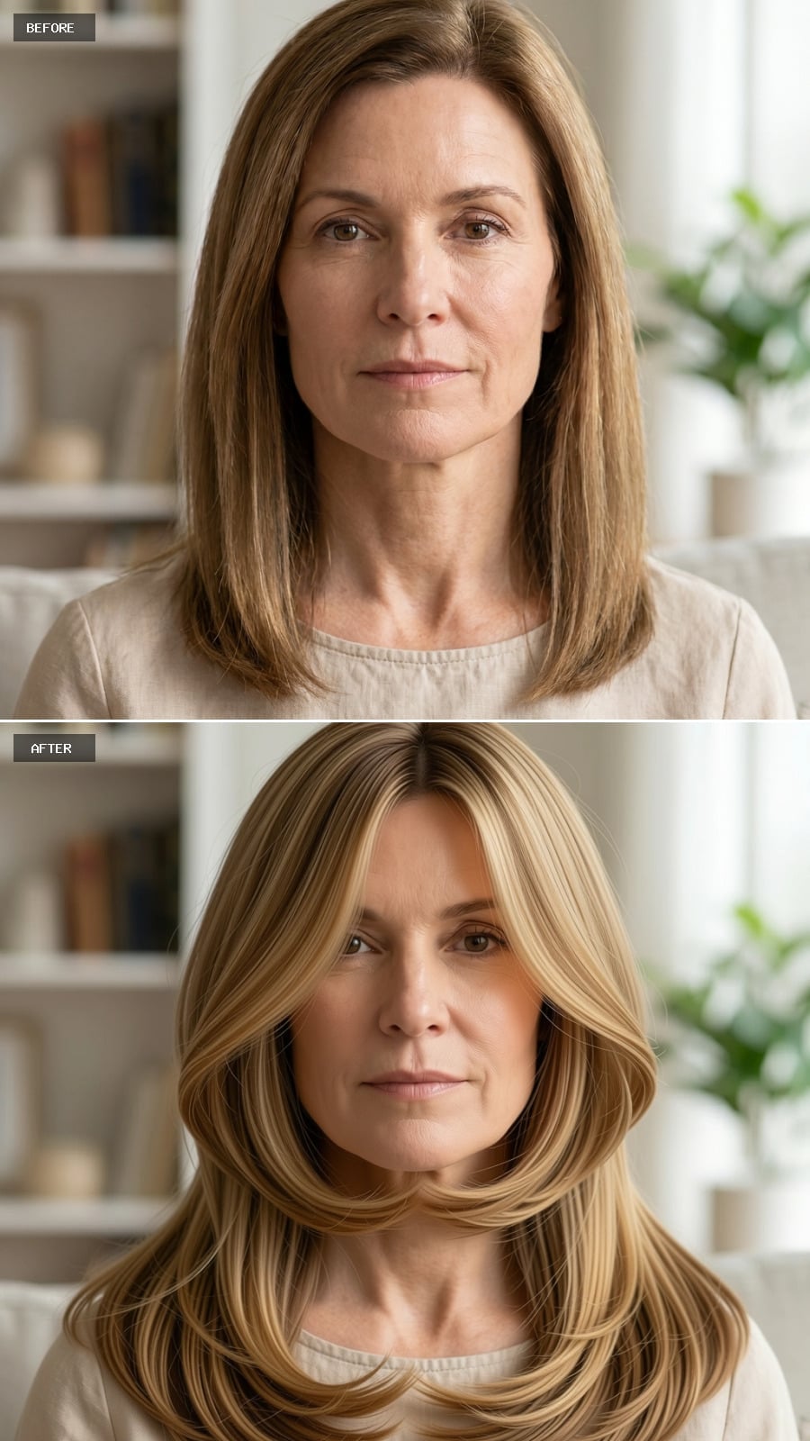 Layers That Fall Forward Around the Face Reframe a Jawline at 54