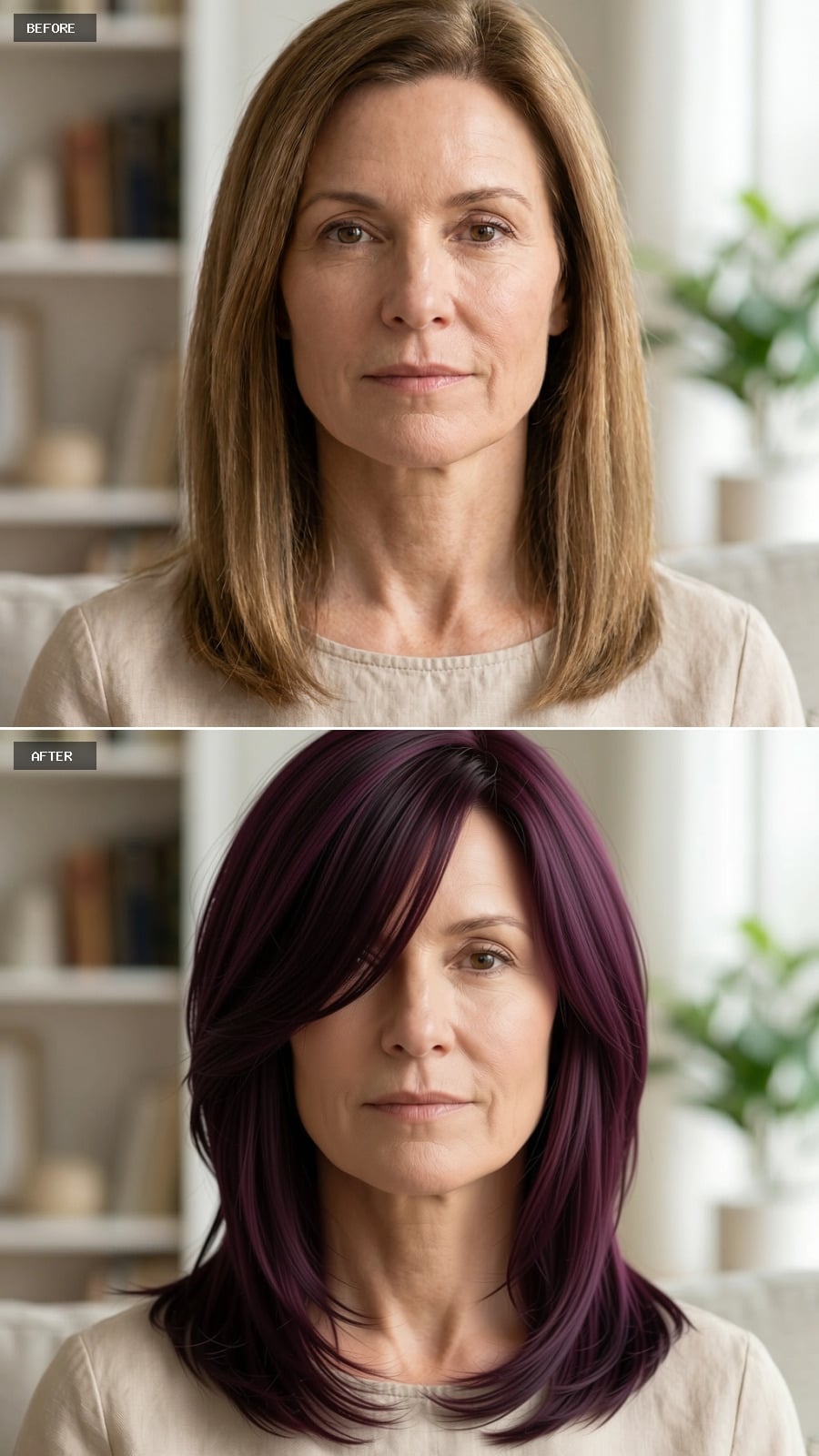Purple-Black Layers Swept Across the Face Reframe a Jawline at 54