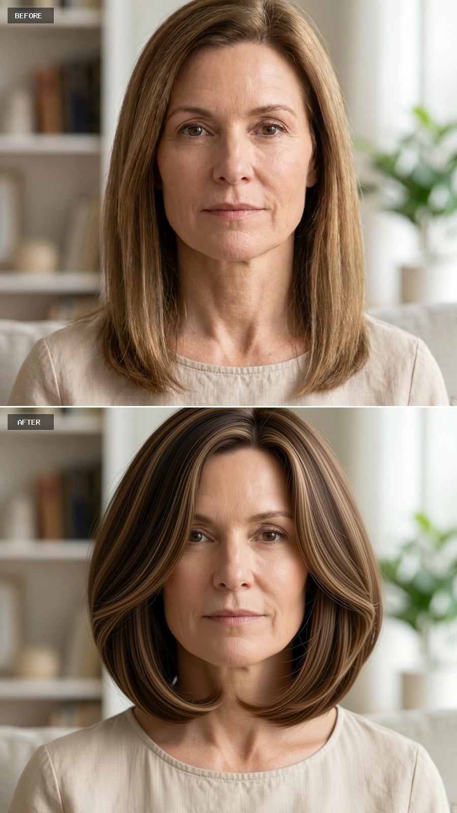 Rounded Bob With Caramel Highlights Pulls the Jaw Into a Completely Different Shape
