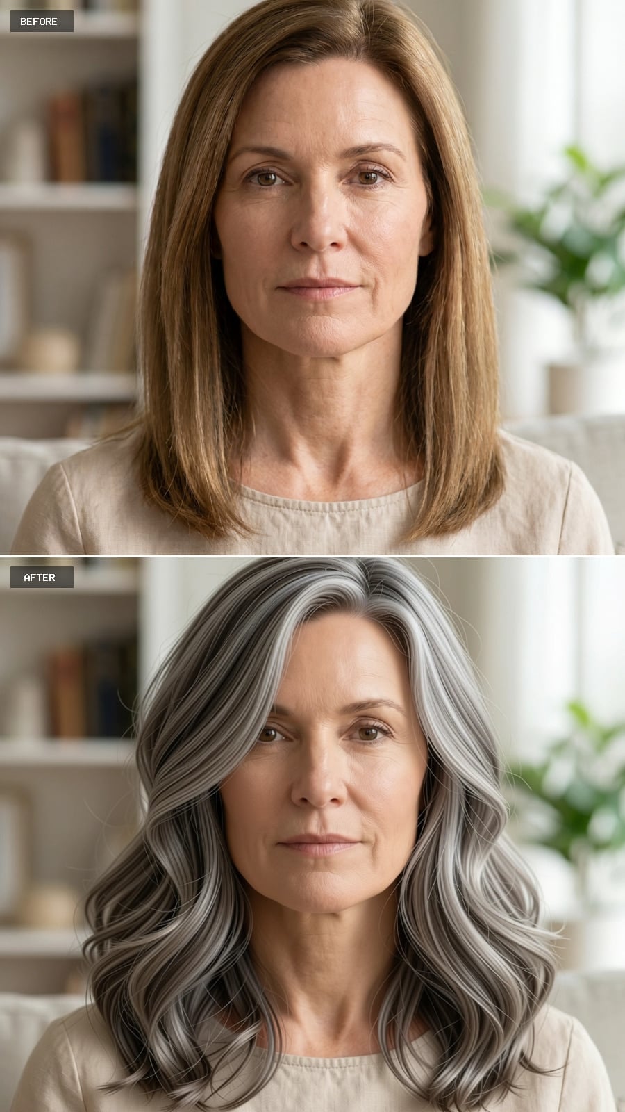Silver-Gray Waves Falling Past the Collarbone Reframe the Jaw Entirely
