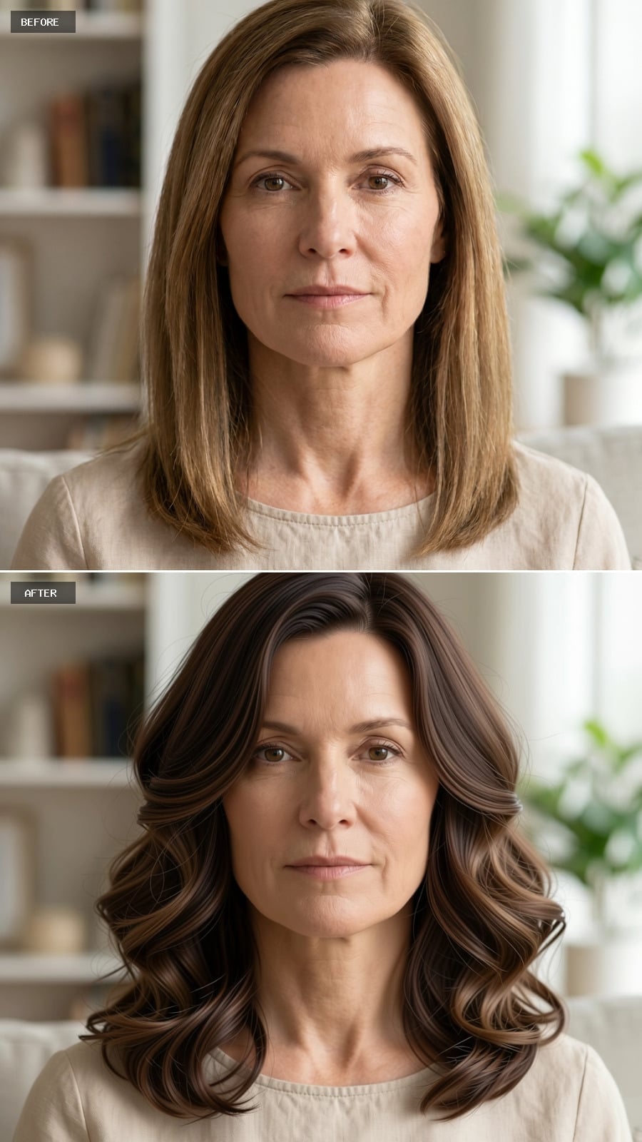 Voluminous Waves and a Deeper Root Color Reframe a Soft Jawline at 54