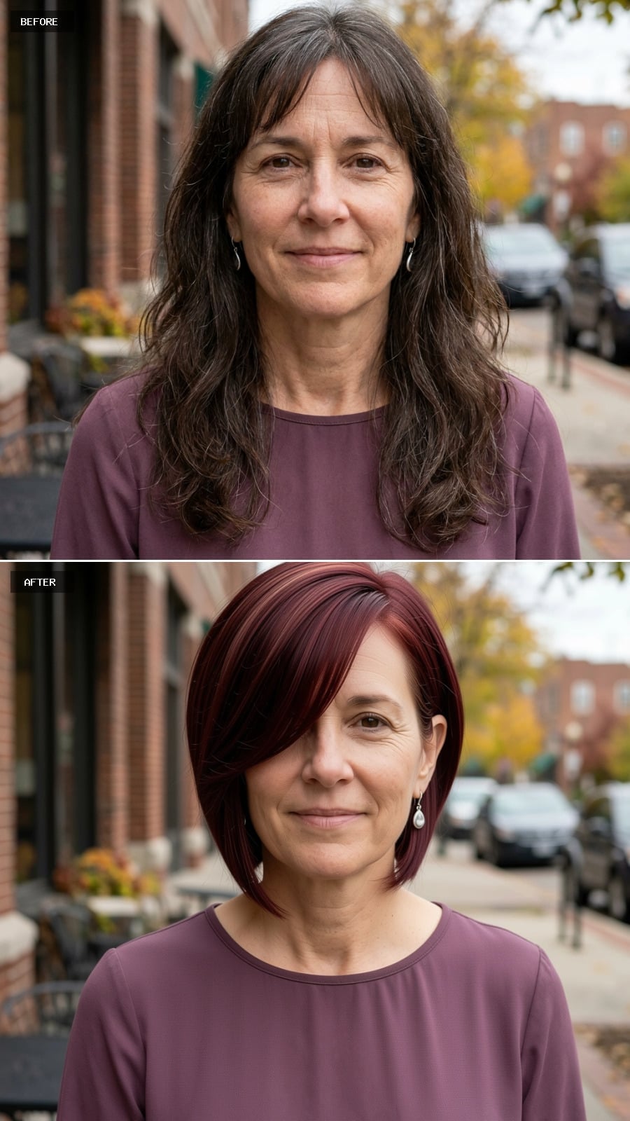 Deep Burgundy Bob With a Side Sweep That Makes 57 Look Deliberately Designed