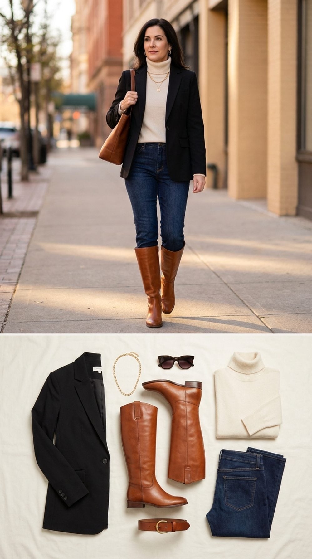 Black Blazer, Cream Turtleneck, and Knee-High Riding Boots That Already Did the Math