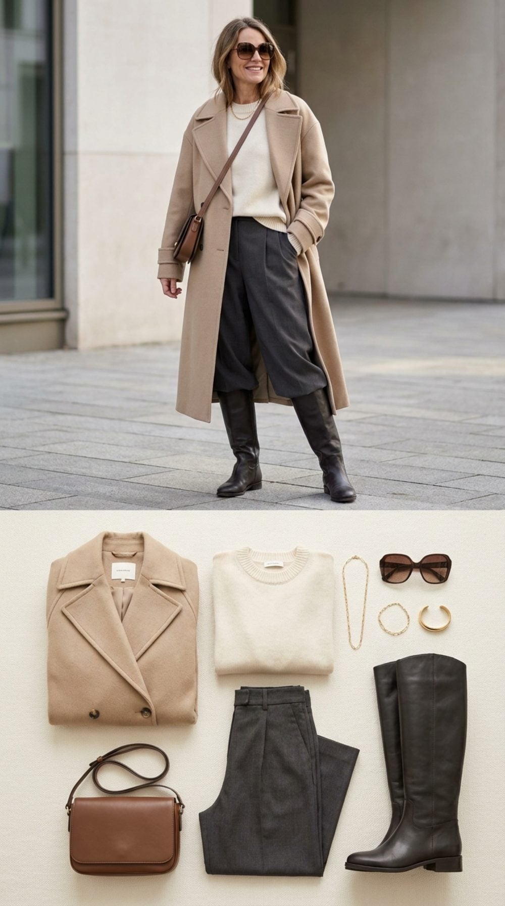 Camel Coat, Grey Trousers, and Knee-High Boots That Already Know Where They're Going
