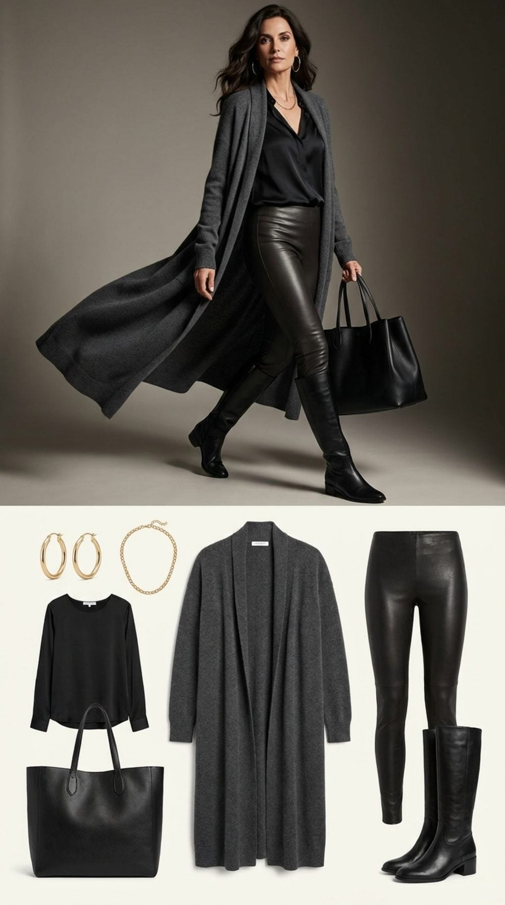 Charcoal Longline Cardigan, Leather Leggings, and Knee-High Boots That Already Won the Argument