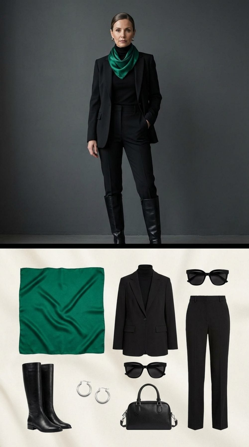 Emerald Silk Scarf, All-Black Foundation, and Knee-High Boots That Already Picked a Side