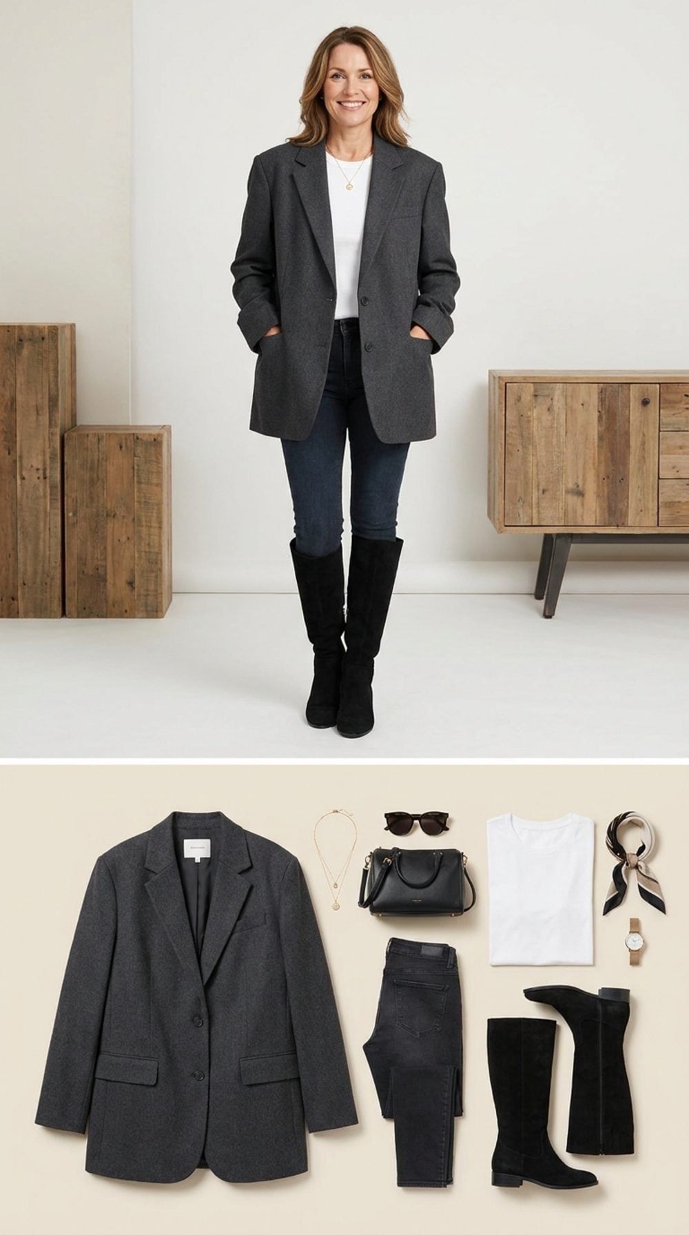 Gray Blazer, White Tee, and Knee-High Boots That Already Answered the Question
