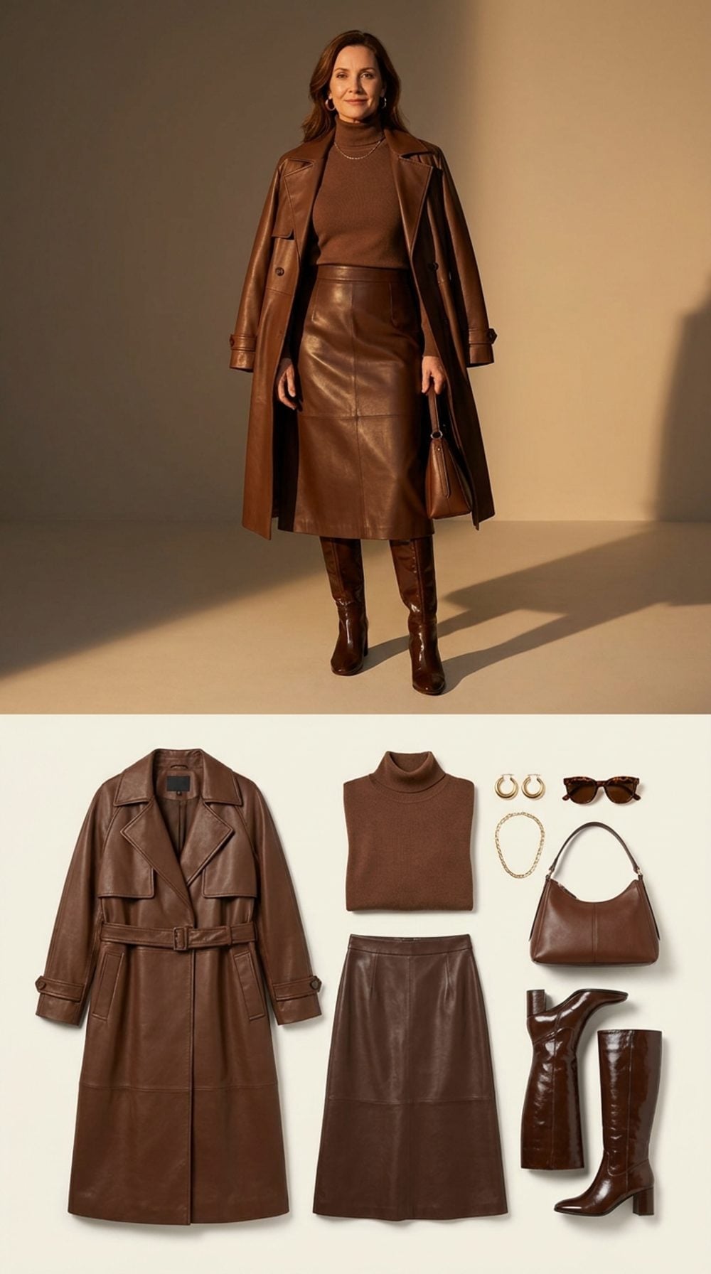 Leather on Leather, Turtleneck Tucked, and Brown That Means Business
