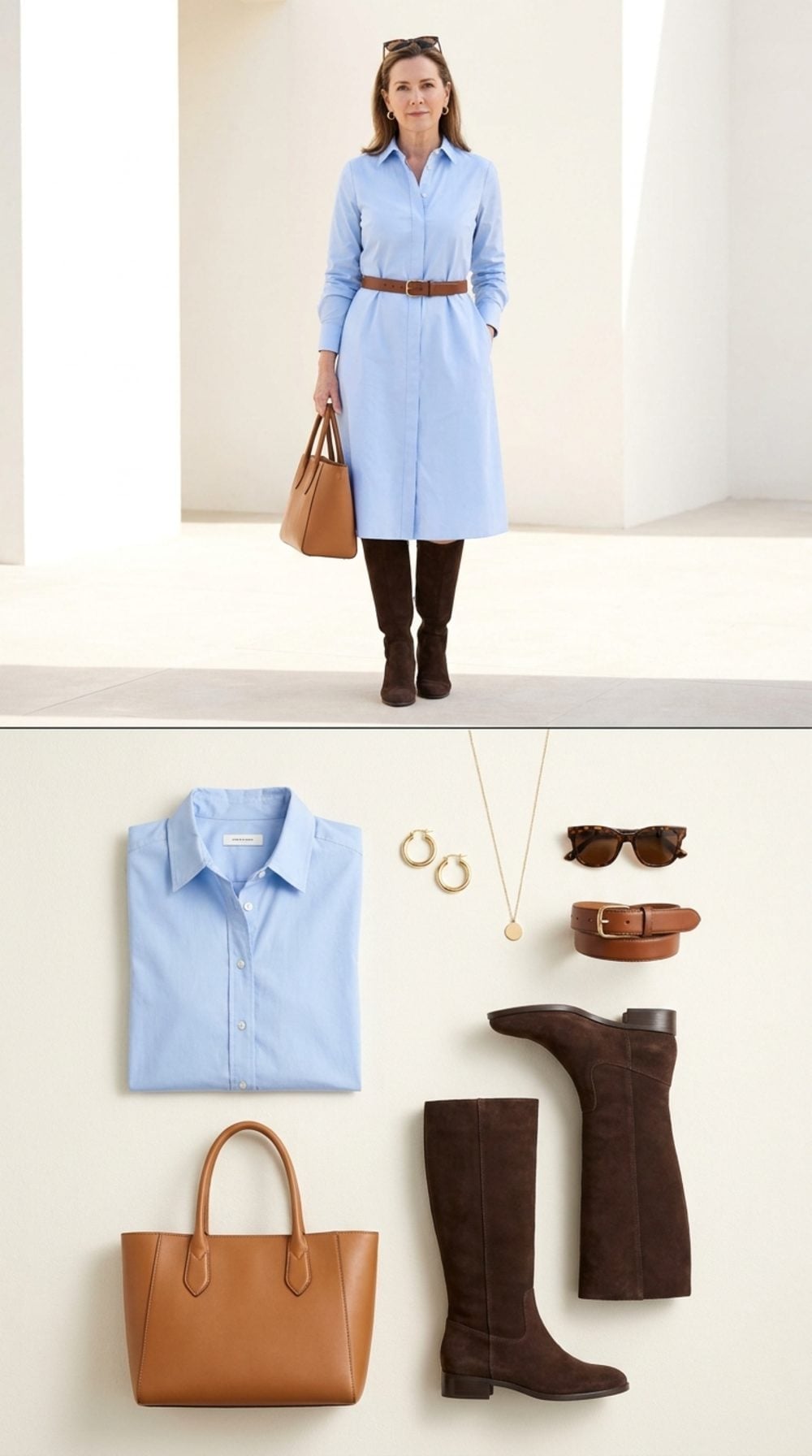 Light Blue Shirtdress, Brown Suede Boots, and the Fall Outfit That Skips Nothing