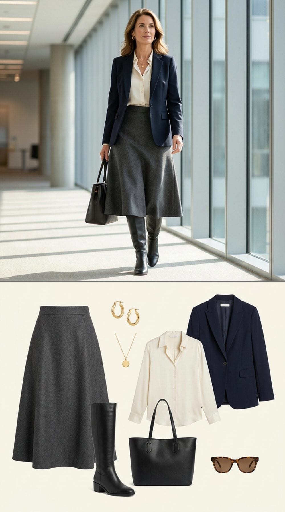 Navy Blazer, Grey Wool Midi, and Knee-High Boots That Don't Need to Explain Themselves