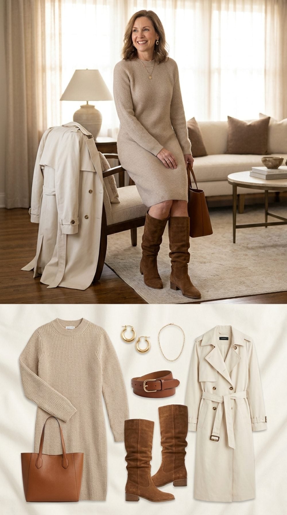 Oat Ribbed Knit, Knee-High Suede Boots, and the Fall Uniform That Already Settled In