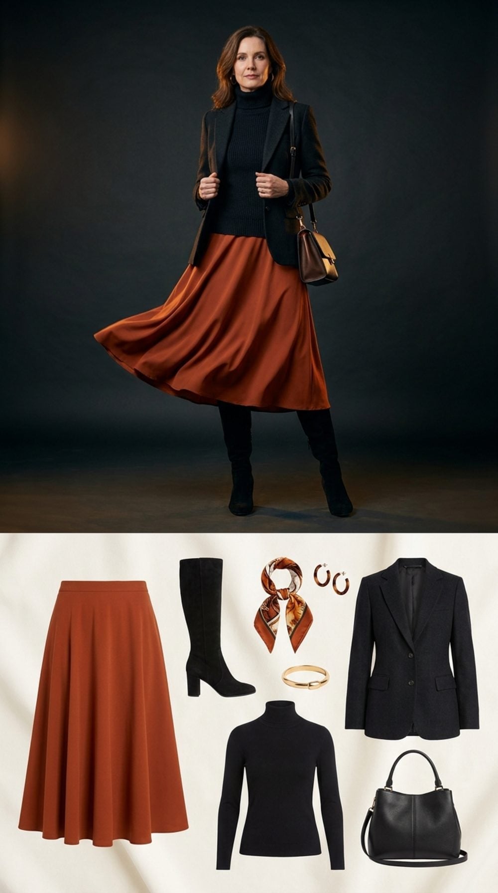 Rust Satin, Black Knee-Highs, and the Fall Outfit That Knows Exactly What It's Doing