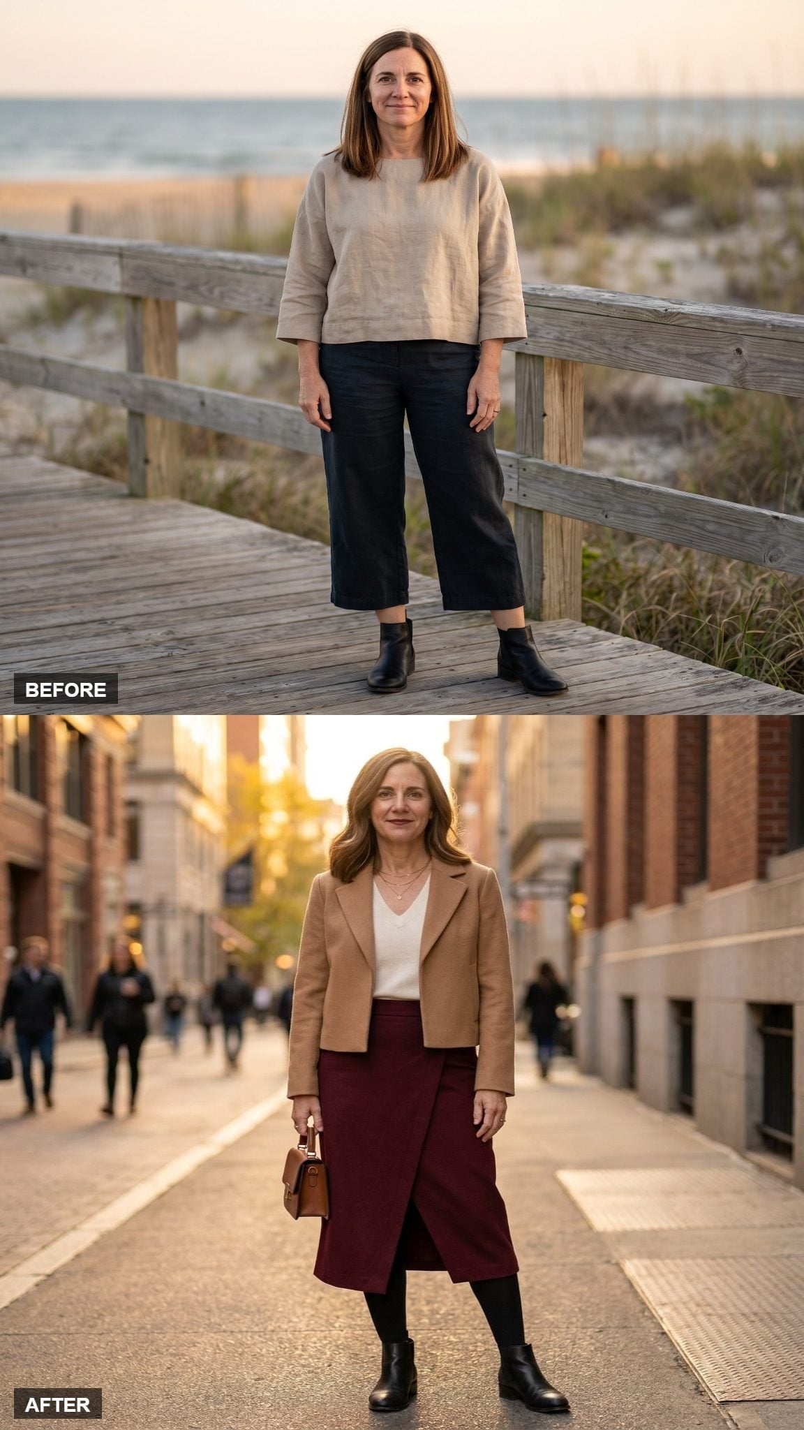 Camel Blazer, Burgundy Wrap Skirt, and Where the Leg Line Actually Begins