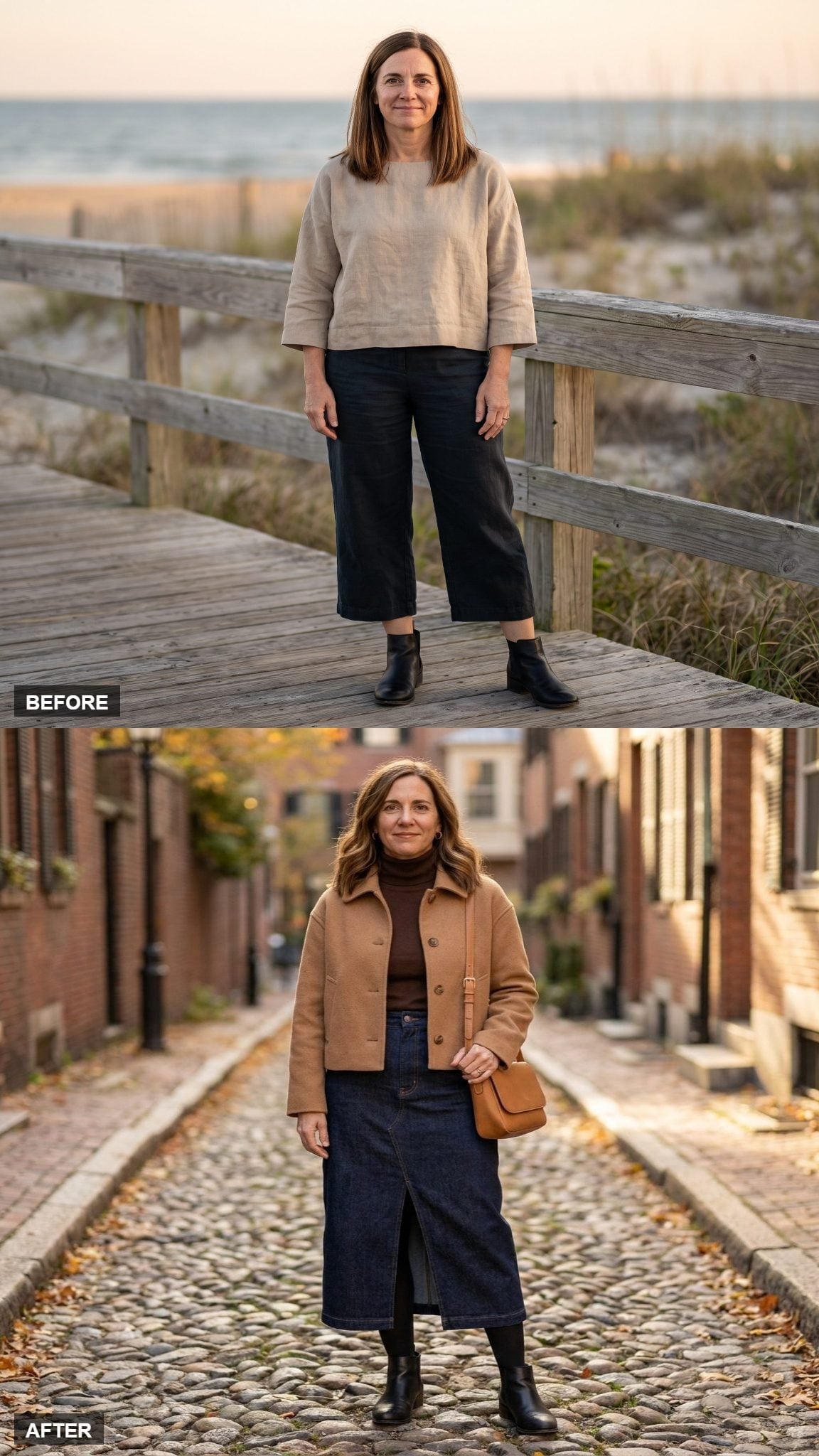 Camel Coat, Turtleneck, and the Denim Midi Skirt Keeping the Leg Line Honest