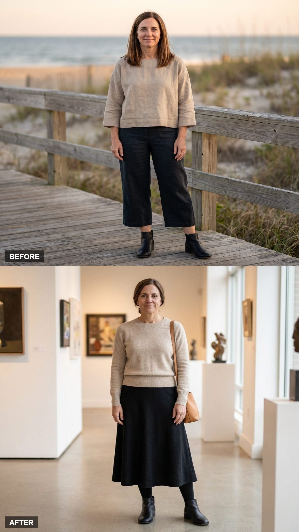 Oatmeal Sweater, Midi Skirt, and Why the Vertical Line Does the Lifting Here