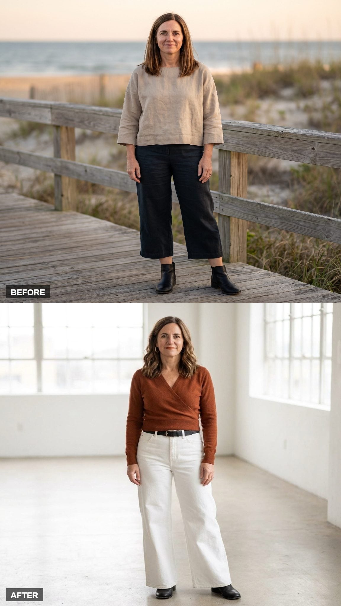 Rust Wrap Sweater, Wide-Leg White Denim, and the Color Break Doing the Proportioning