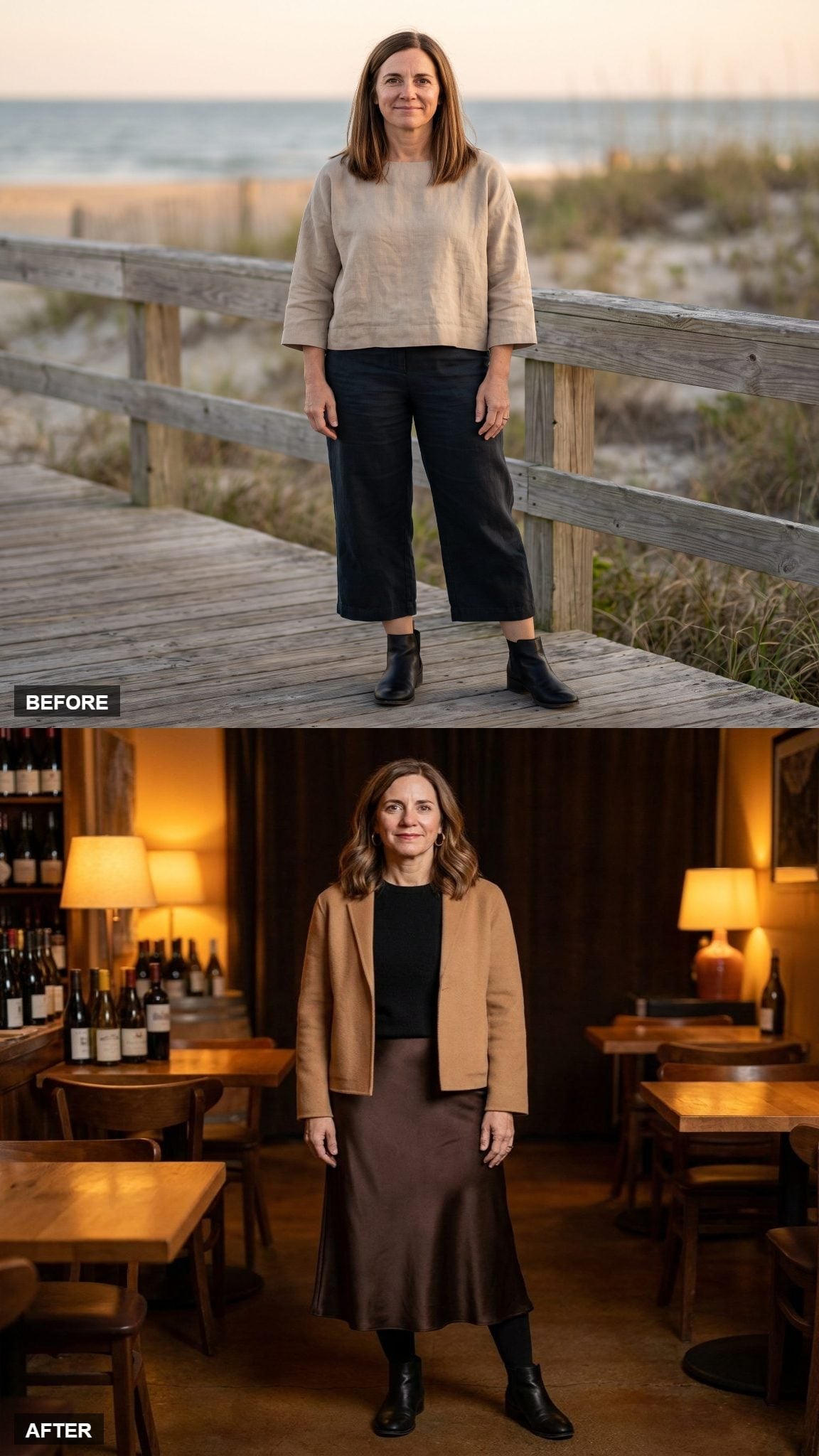 Warm Restaurant Light, a Camel Blazer, and What the Skirt Length Is Actually Doing