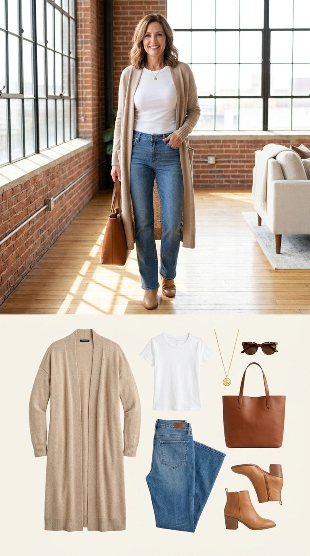 Beige Longline Cardigan and White Tee Give Bootcut Jeans a Slimming Vertical Line