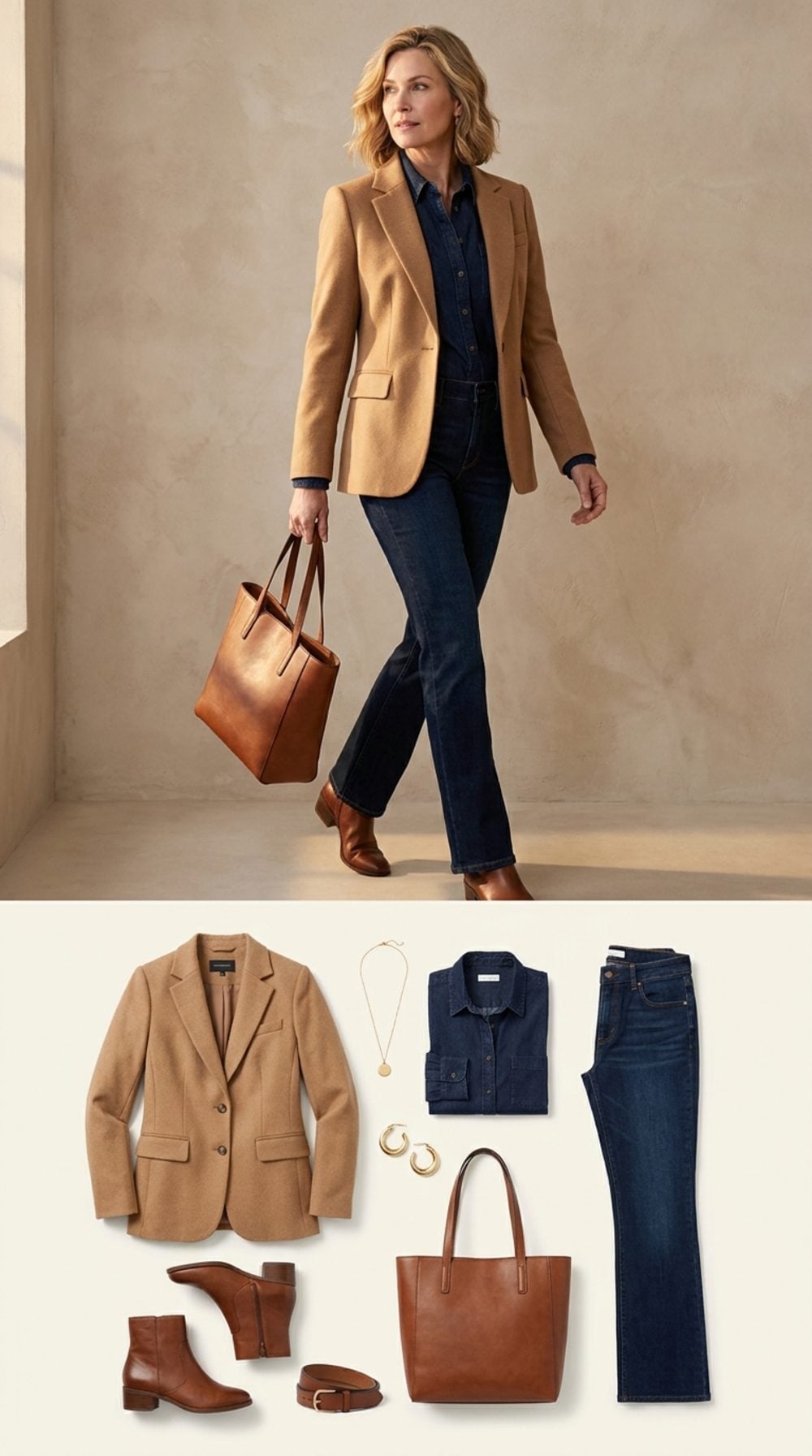 Camel Blazer and Denim-on-Denim Gives Bootcut Jeans the Sharpest Tonal Trick