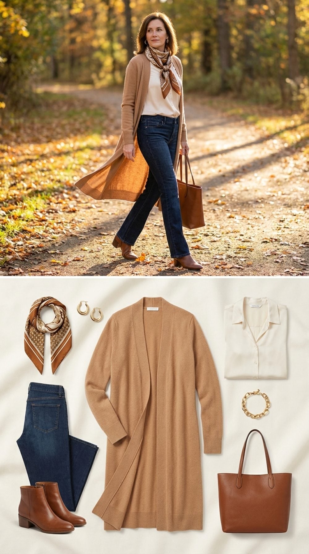 Camel Duster Cardigan Over Dark Bootcut Jeans Is Fall Dressing Done Right