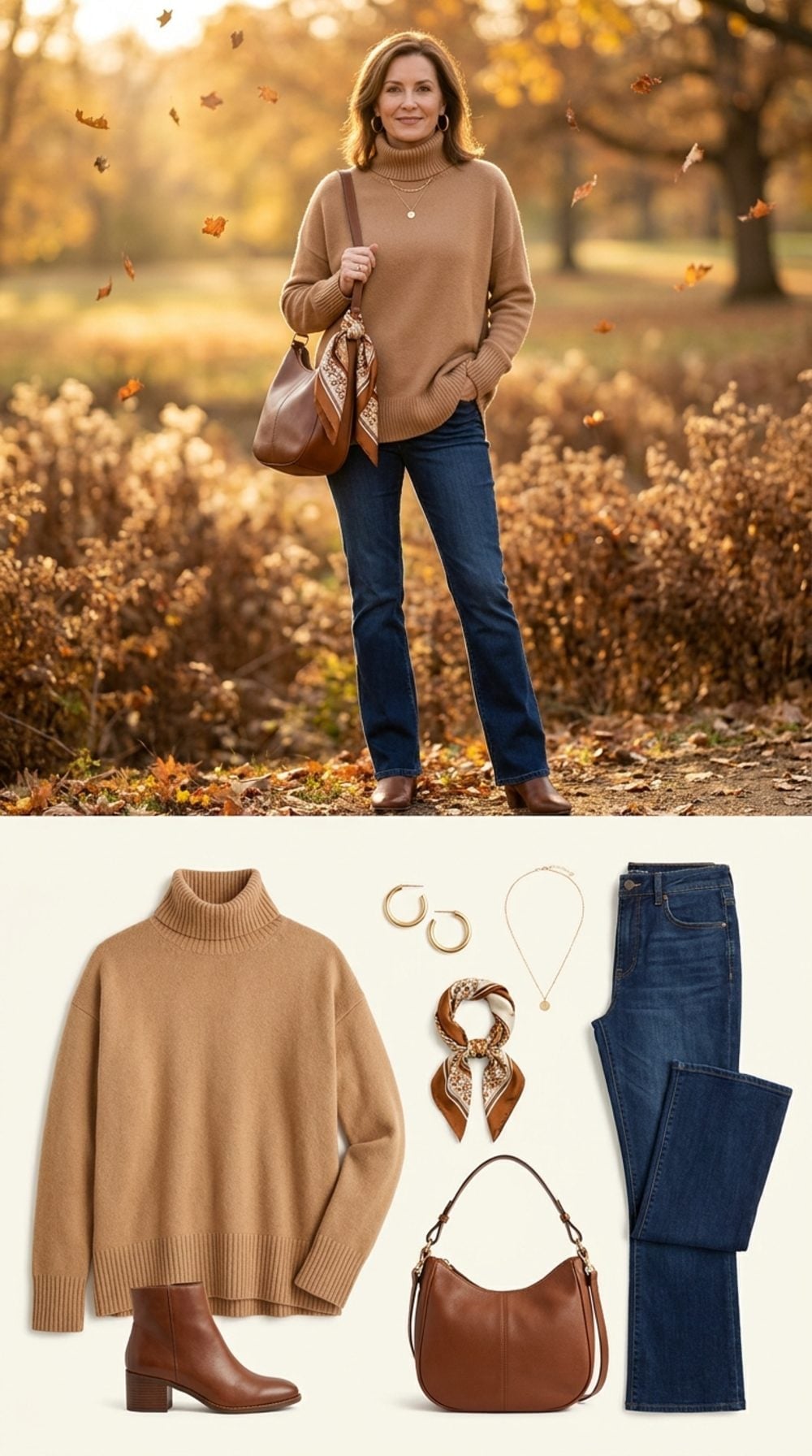 Camel Turtleneck and Bootcut Jeans Show How Tonal Dressing Does the Heavy Lifting
